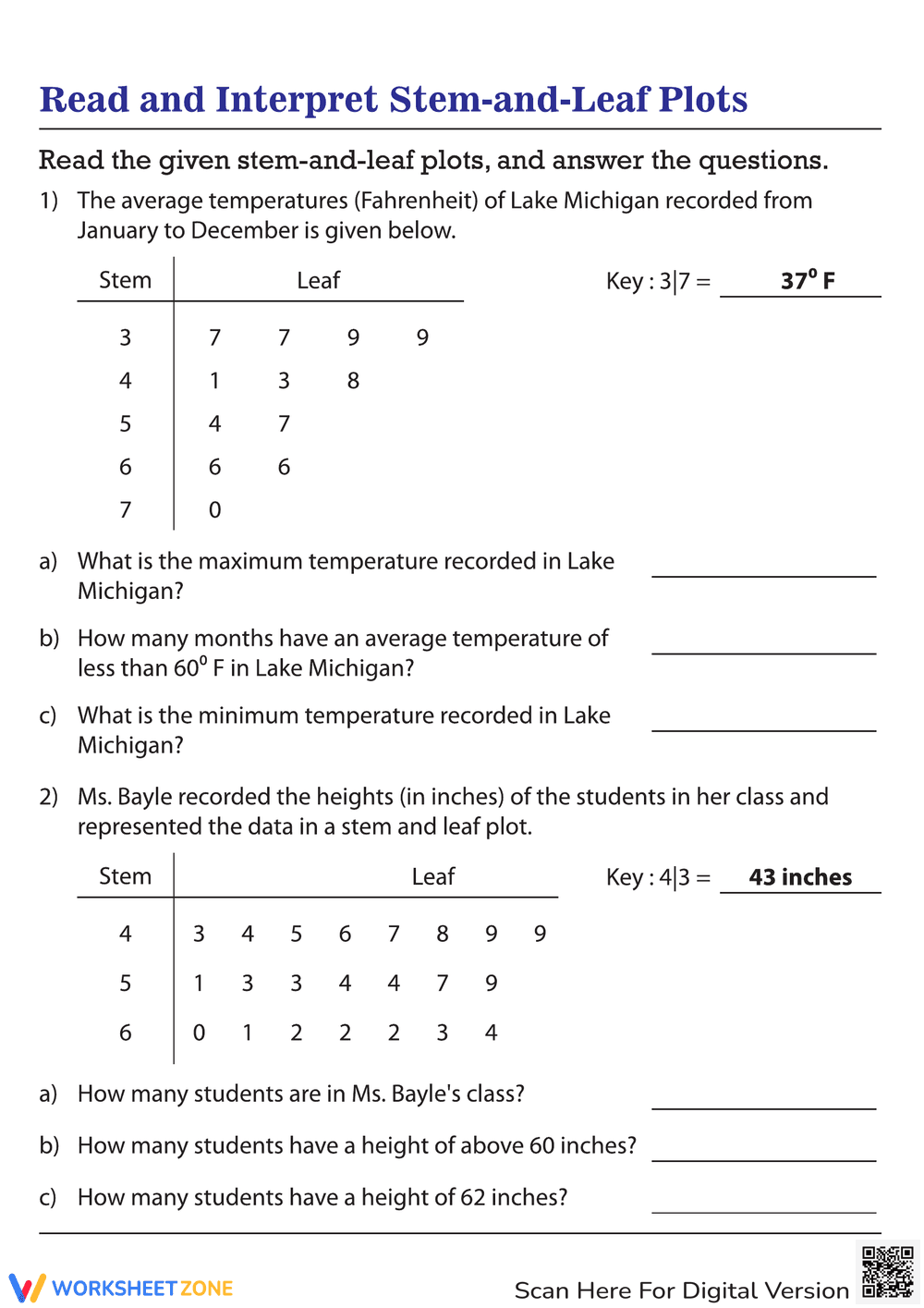 Read and Interpret Stem and Leaf Plots: Data Analysis - Page 1