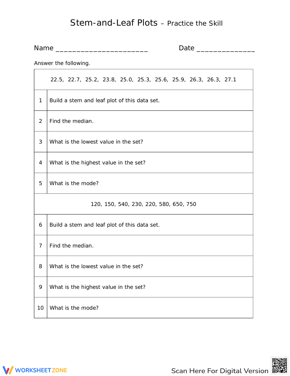 Stem and Leaf Plots: Skill Practice Worksheet - Page 1