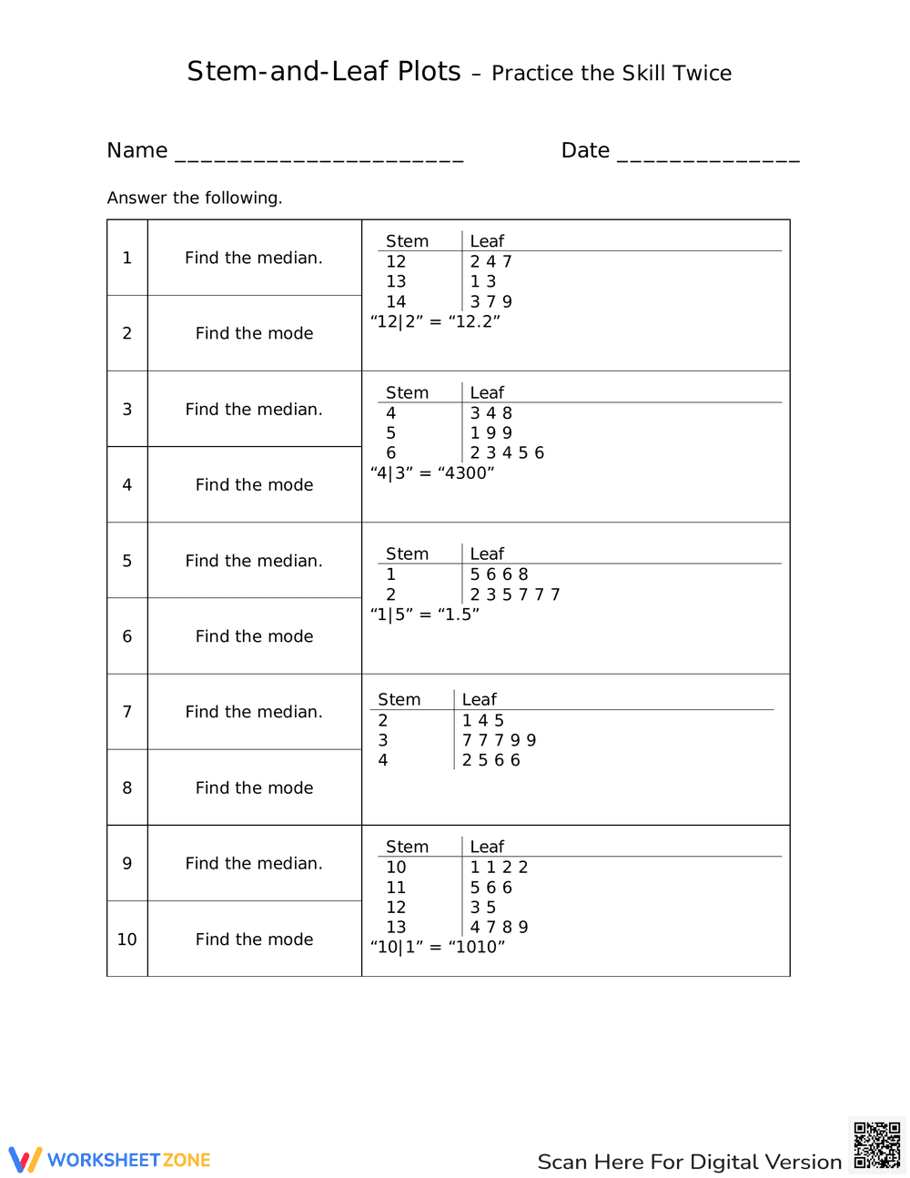 Practice the Skill: Stem and Leaf Plots Worksheet - Page 1