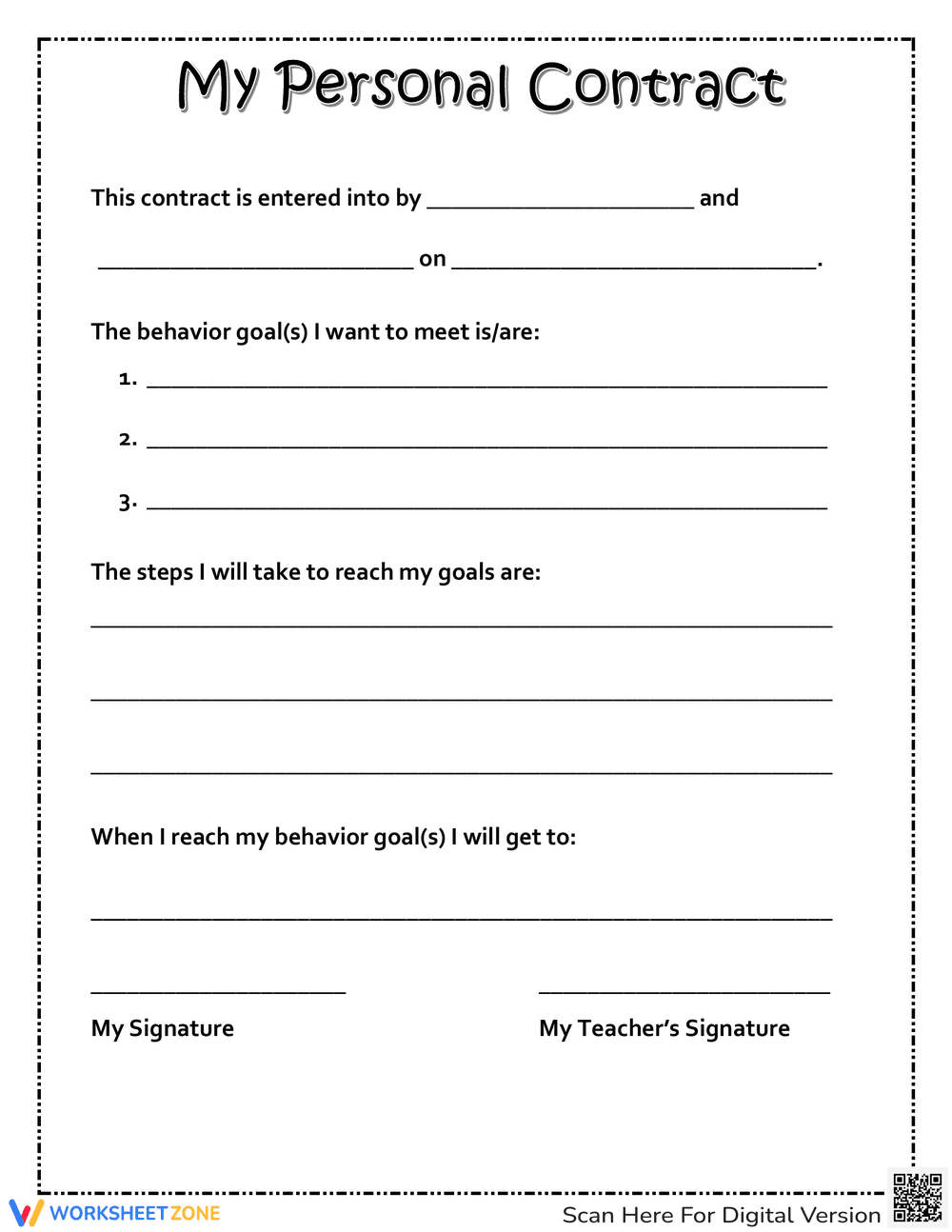 Elementary Personal Behavior Contract Worksheet - Page 1