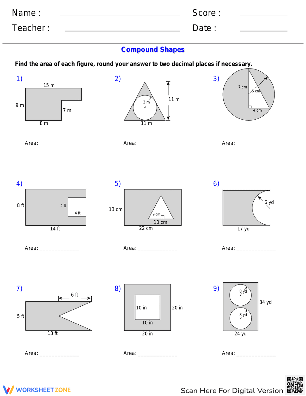 Area of Shaded Region Calculation Worksheet - Page 1