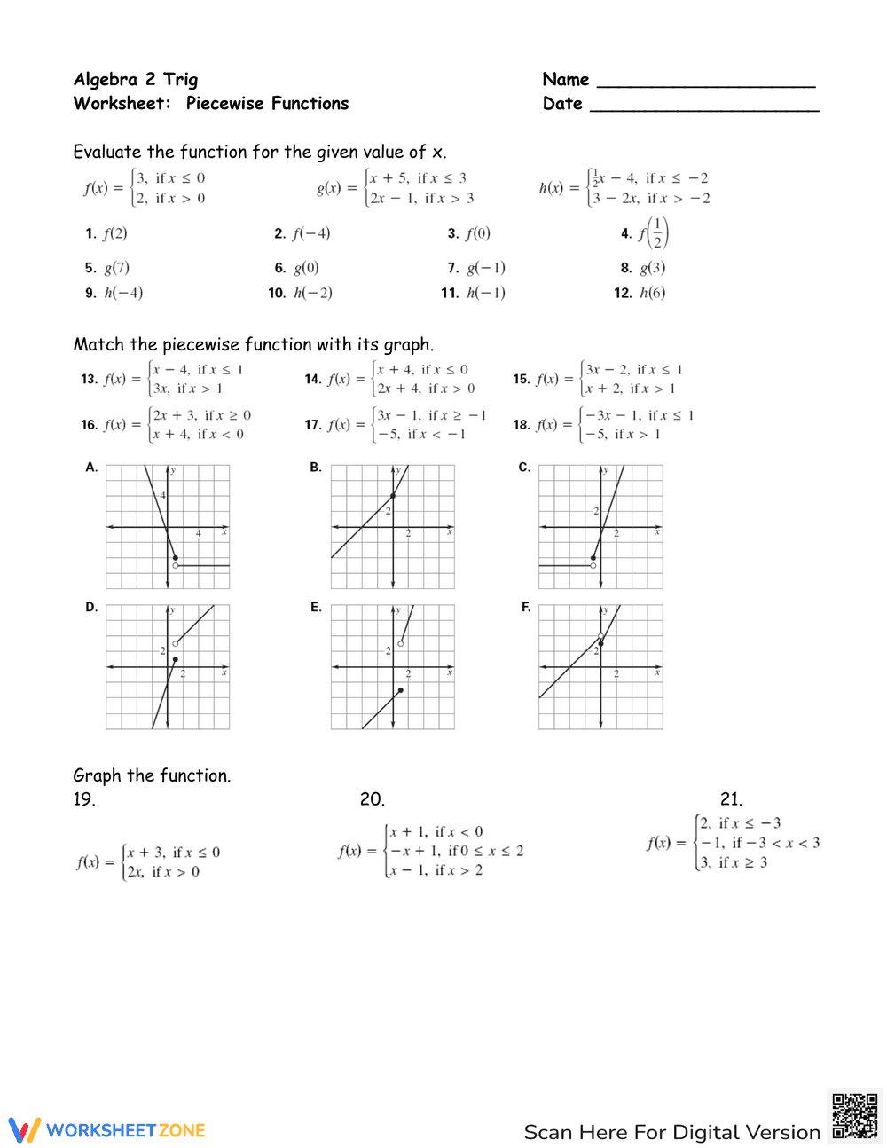 Worksheet on Piecewise Functions - Page 1