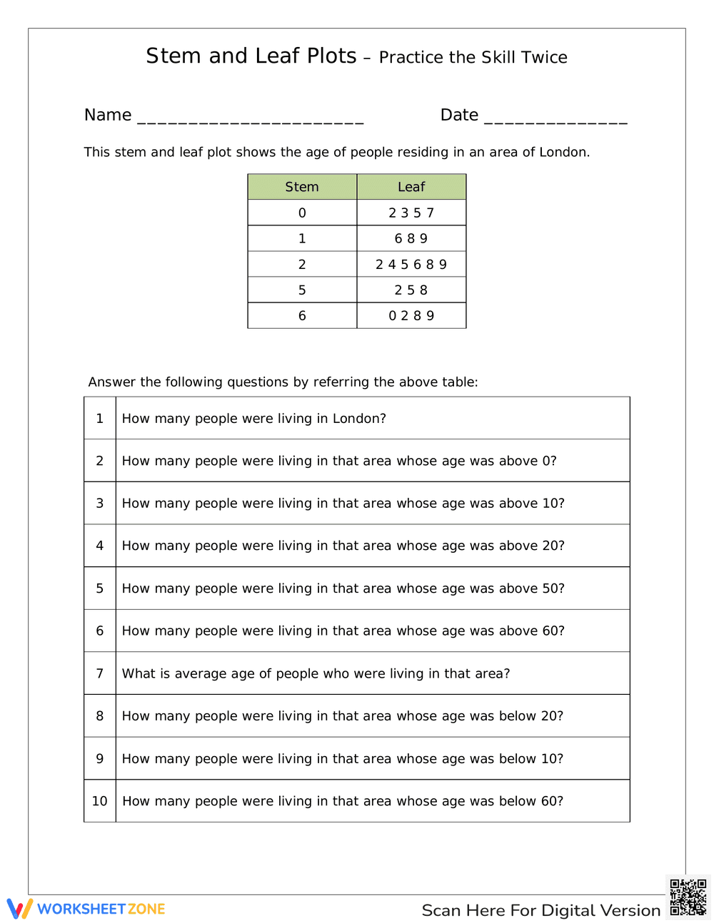 Practice Stem and Leaf Plots - Page 1