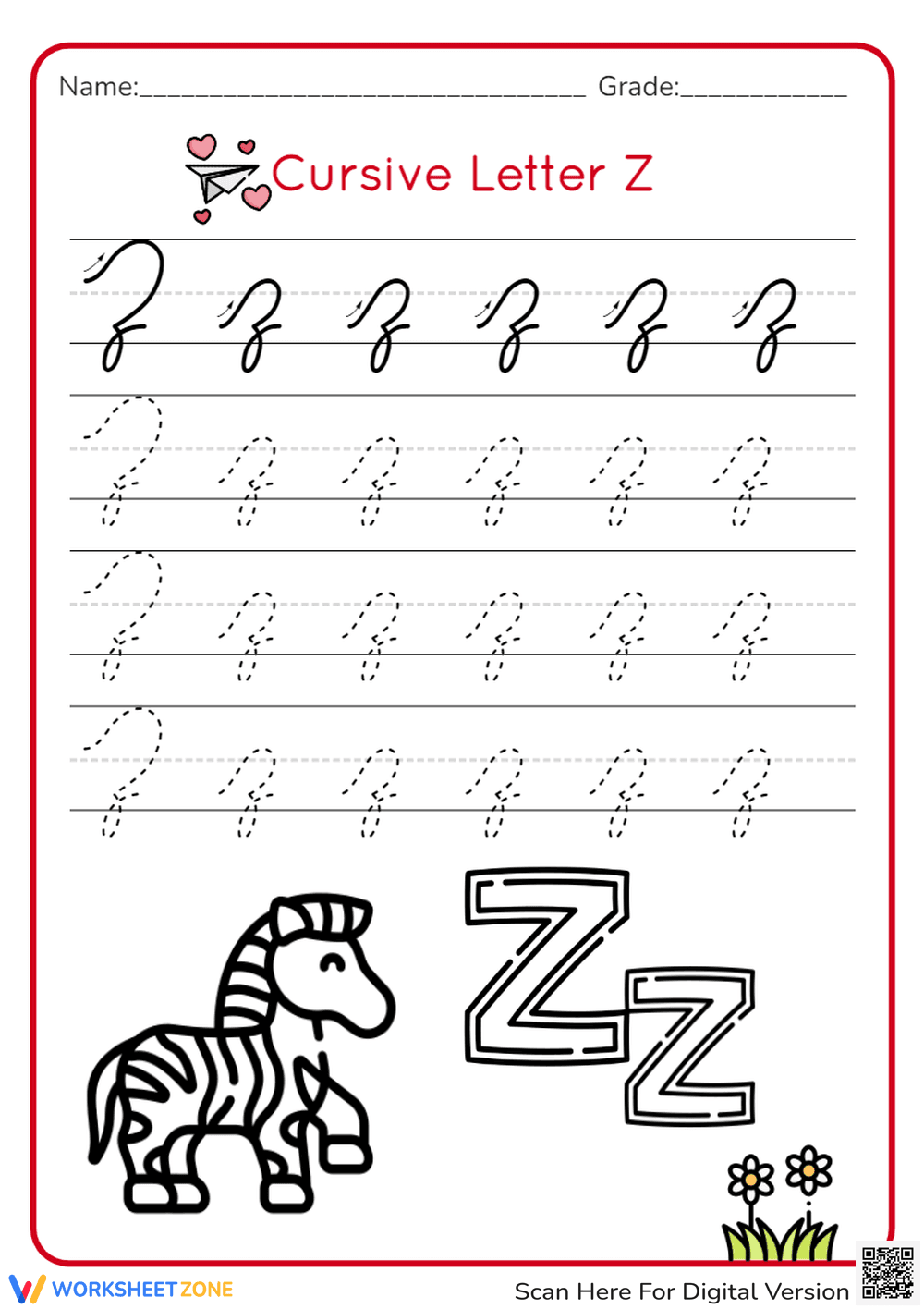Cursive Letter Z Practice - Zebra Theme Handwriting Worksheet - Page 1
