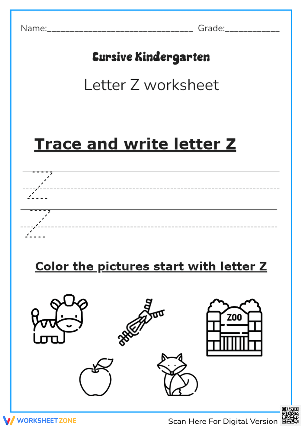 Cursive Letter Z: Trace & Color! Kindergarten Worksheet Fun - Page 1