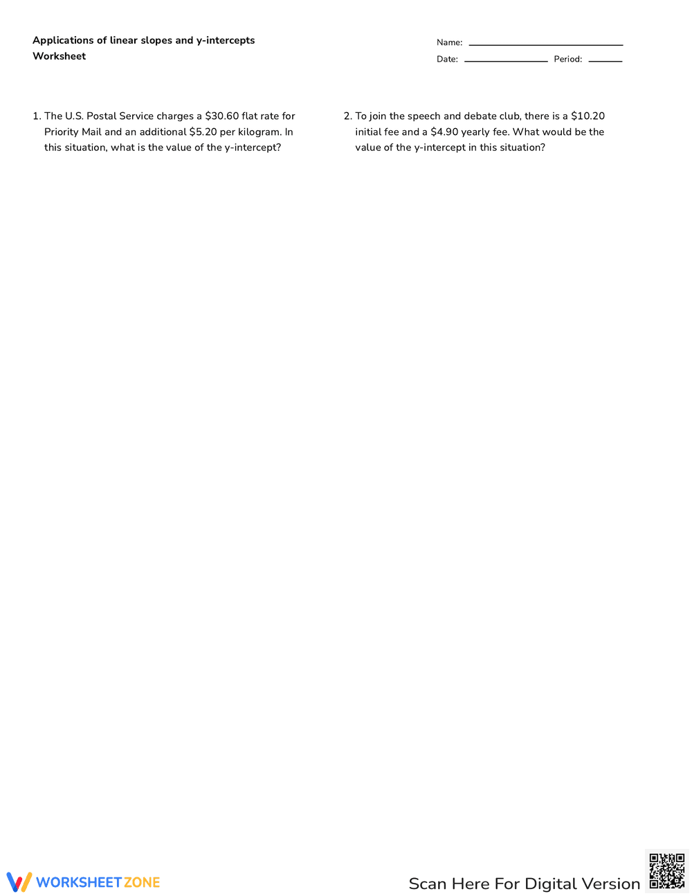 Applications of Linear Slopes Worksheet - Page 1