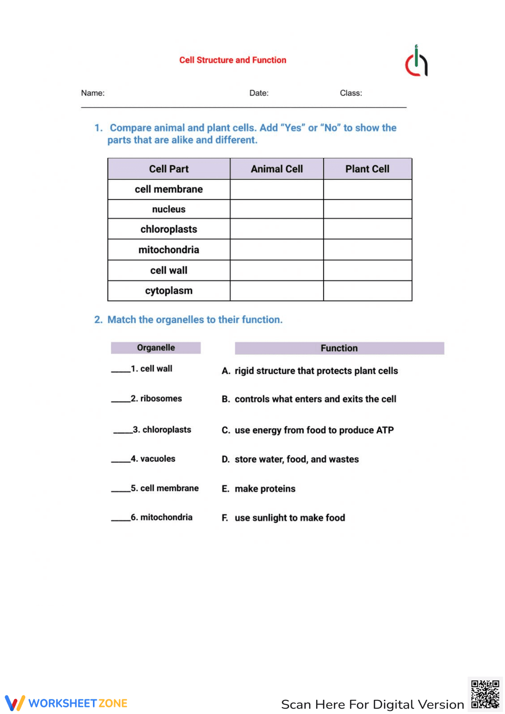 Cell Structure and Function - Page 1