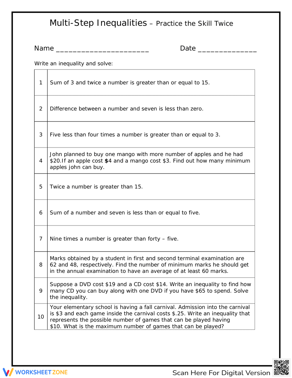 Multi-Step Inequalities Practice Worksheet - Page 1