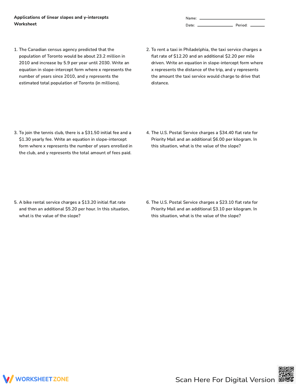 Applications of Linear Slopes and Y-Intercepts Worksheet - Page 1