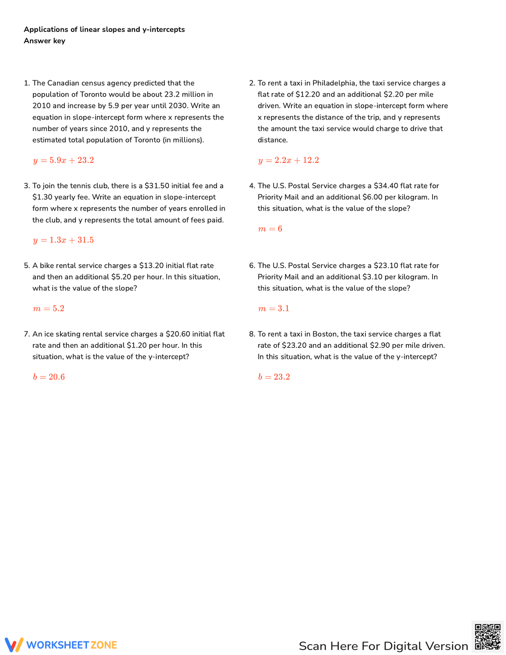 Applications of Linear Slopes and Y-Intercepts Worksheet - Page 3