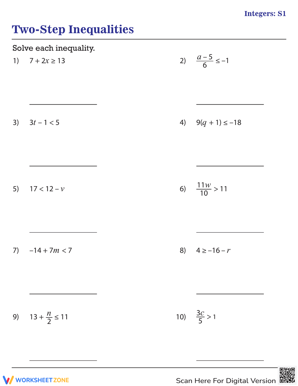 Solving Two-Step Inequalities Worksheet - Page 1