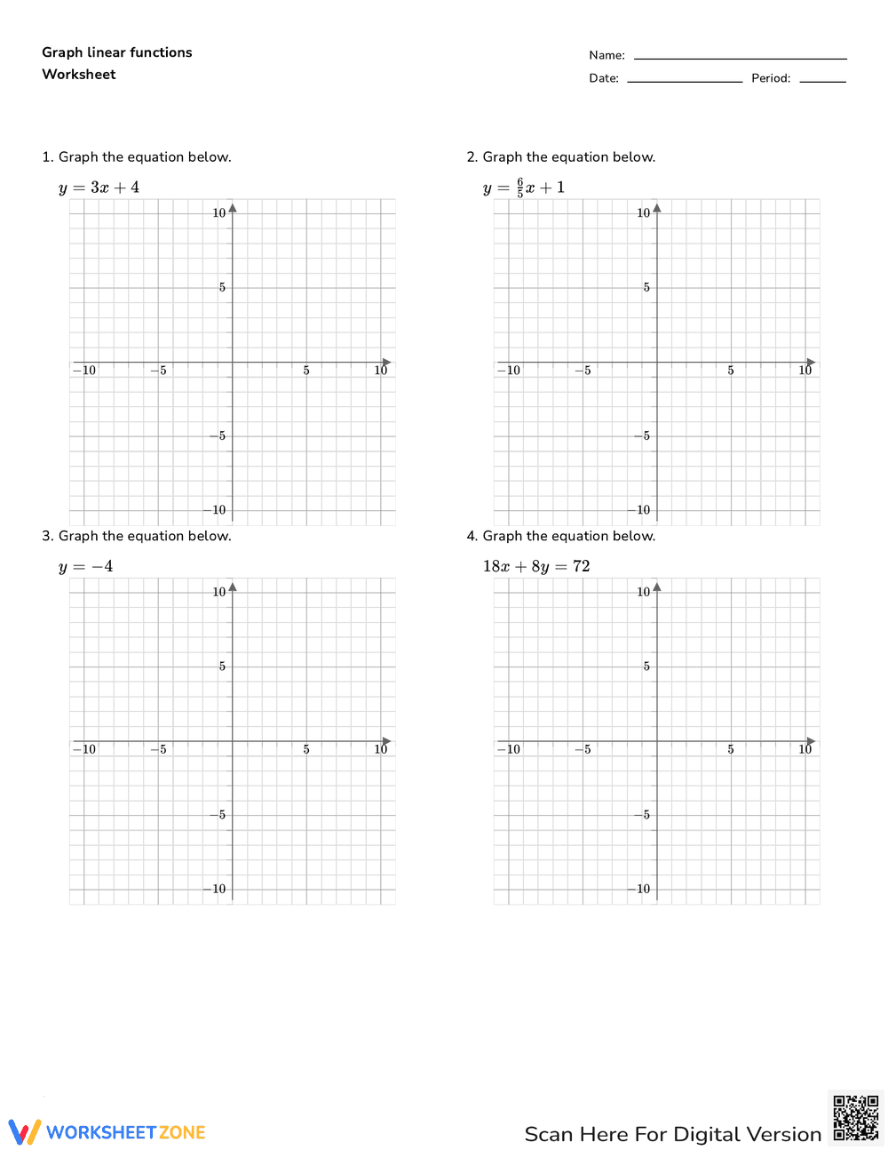 Graph Linear Functions Skills Worksheet - Page 1