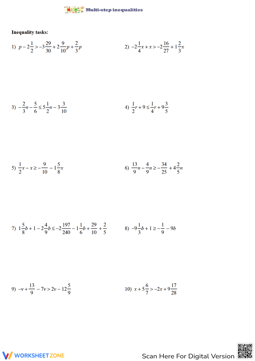 Solving Multi-Step Inequalities with Fractions - Page 1
