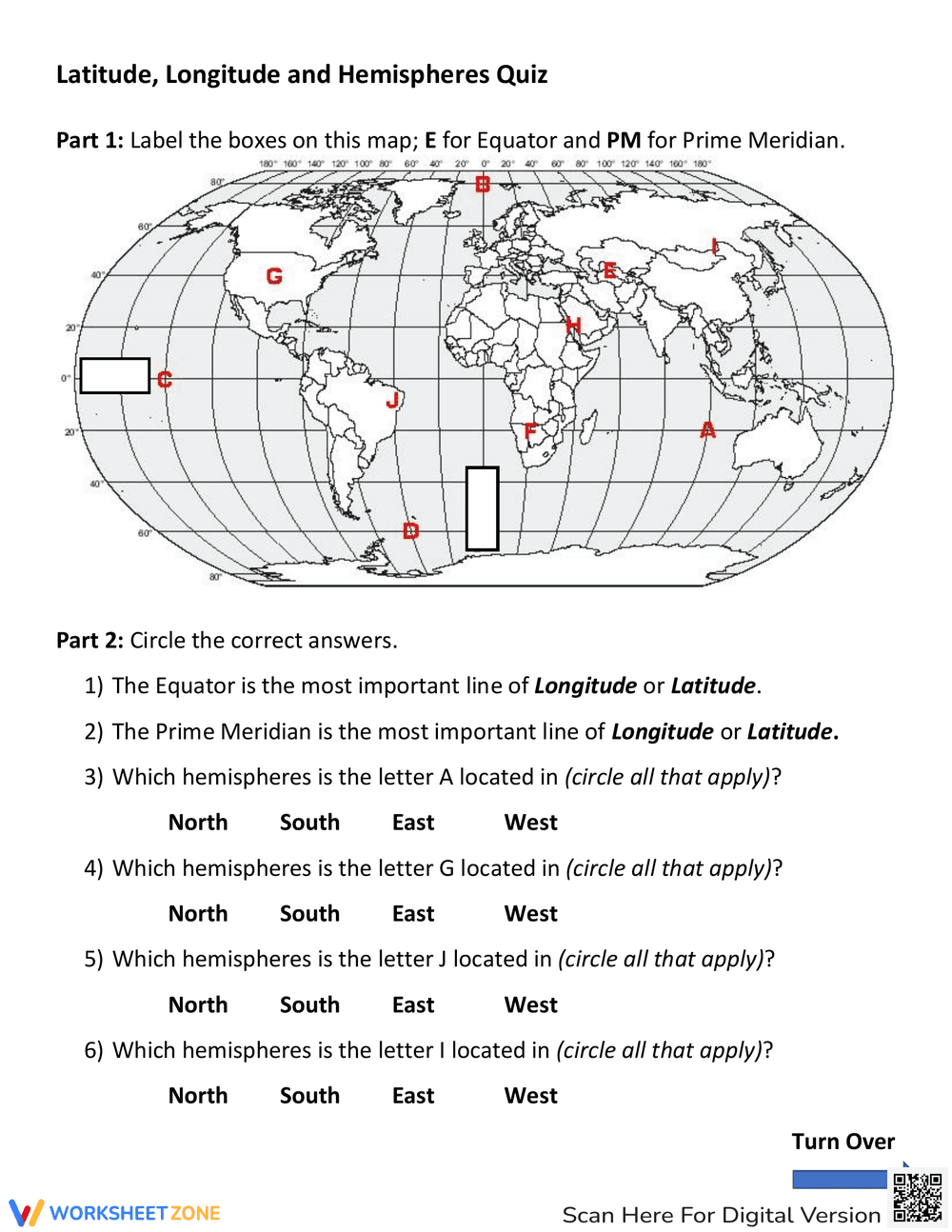 Latitude, Longitude & Hemispheres Quiz - Page 1