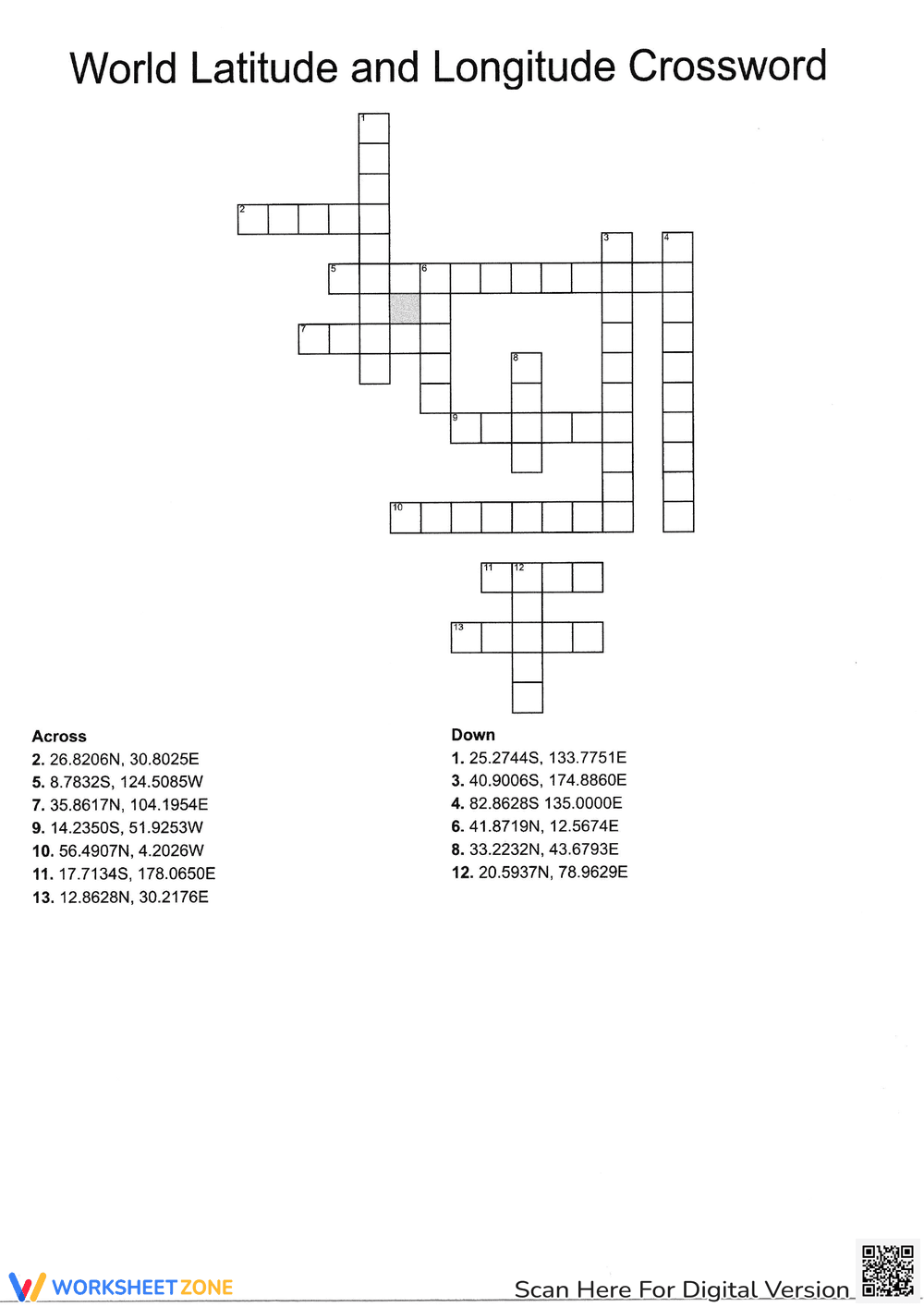 Latitude and Longitude Crossword Puzzle Worksheet - Page 1