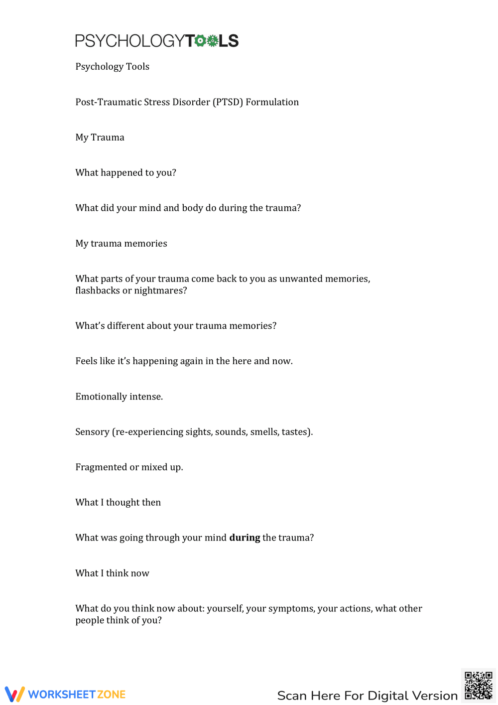 PTSD Trauma Questions Worksheet for Mental Health - Page 1