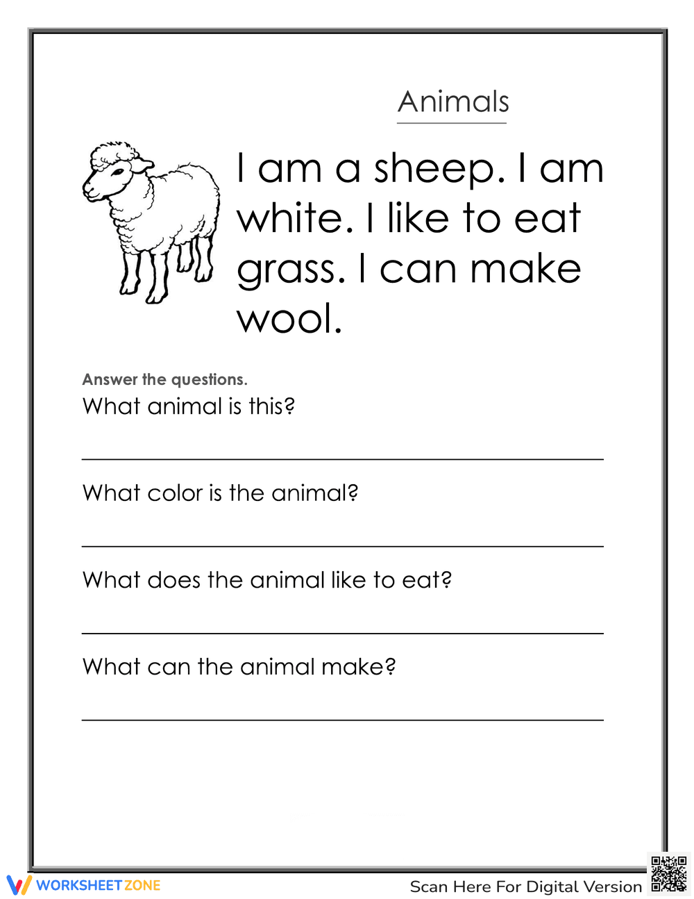 'I Am A Sheep' Reading Comprehension Worksheet - Page 1