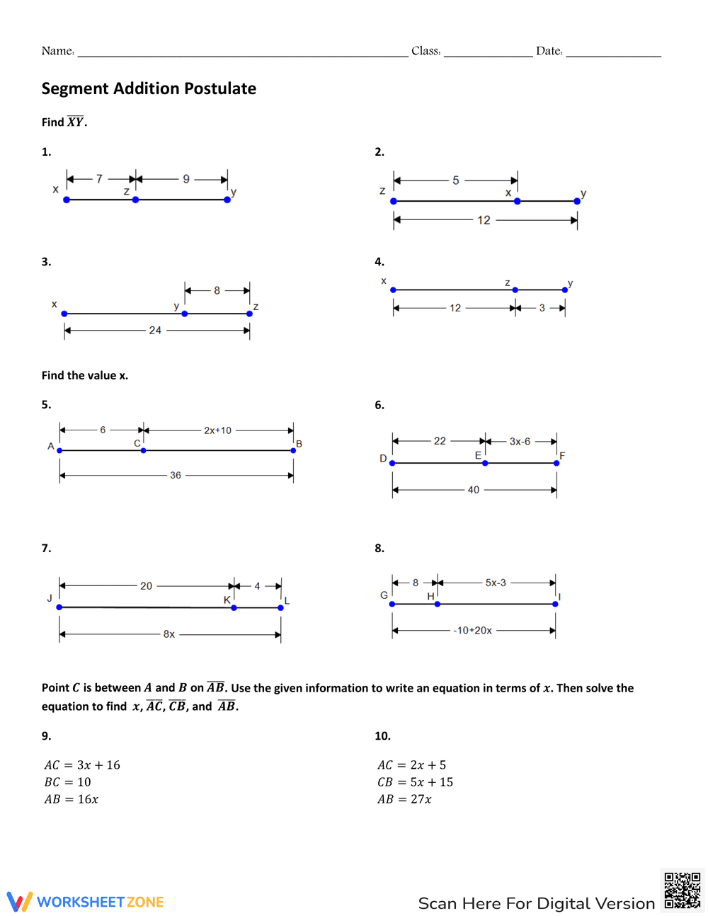 Segment Addition Postulate Worksheet - Page 1