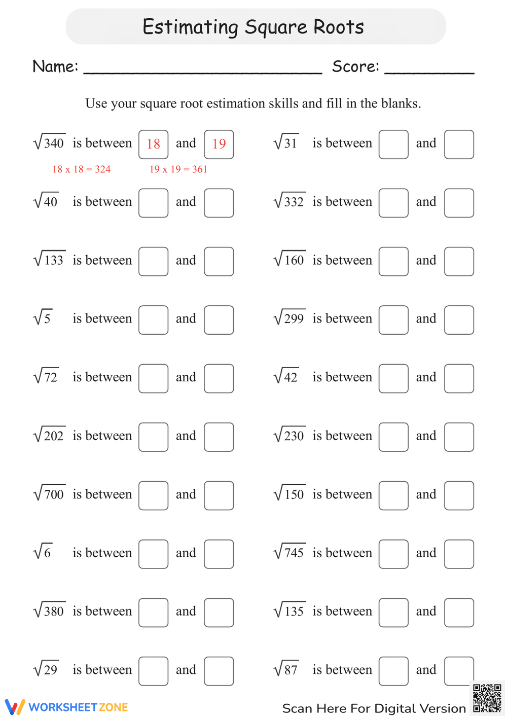 Estimating Square Roots Practice - Page 1