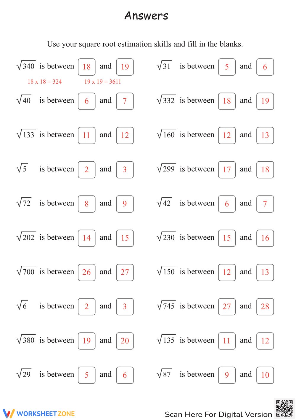 Estimating Square Roots Practice - Page 2