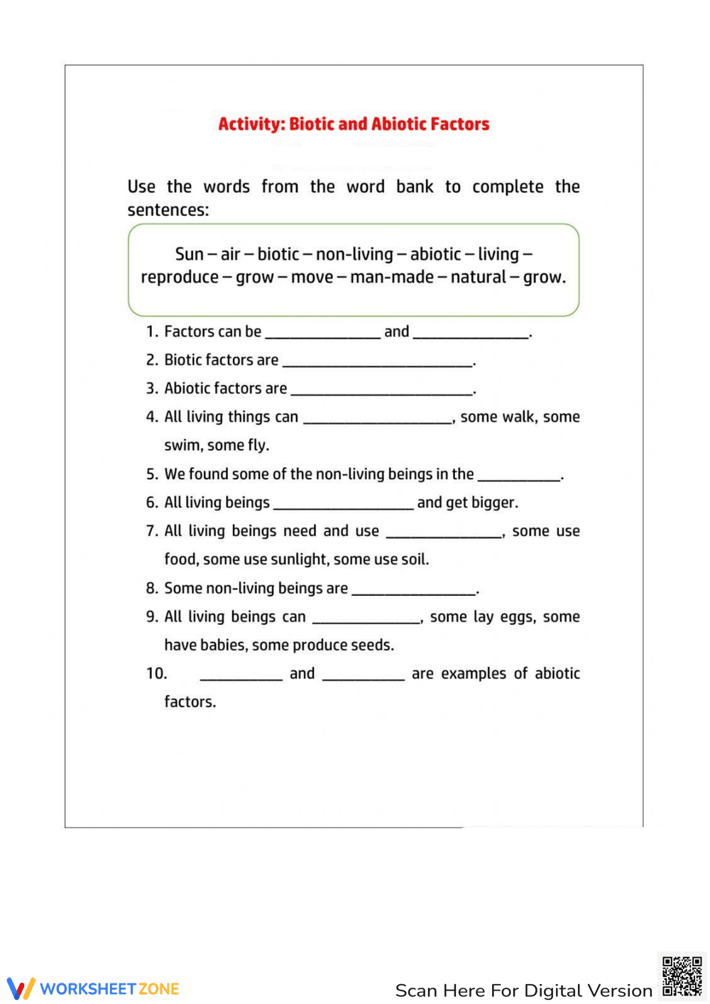 Biotic and Abiotic Factors Activity Worksheet - Page 1