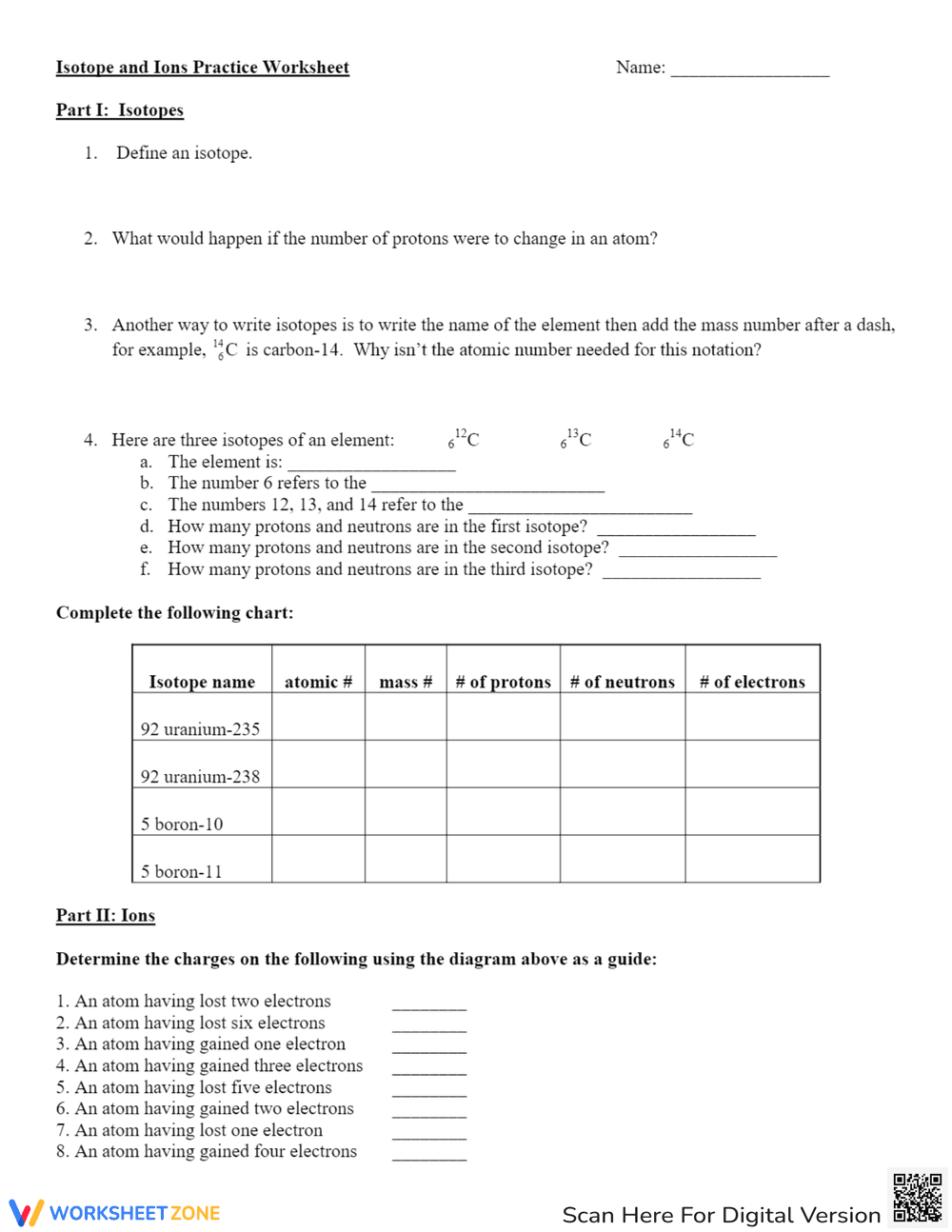 Isotope and Ions Practice Worksheet - Page 1