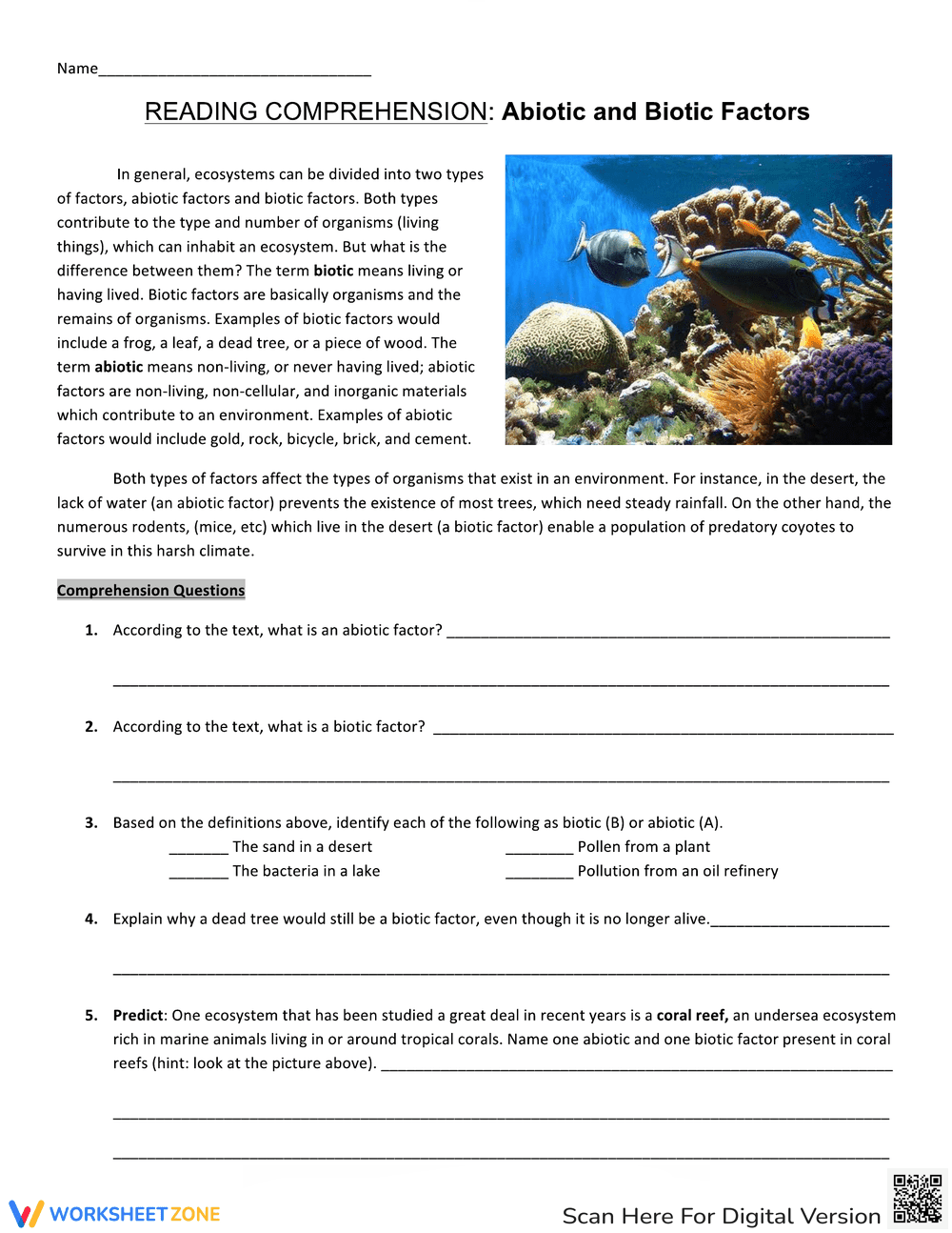 Abiotic and Biotic Factors Reading Comprehension - Page 1
