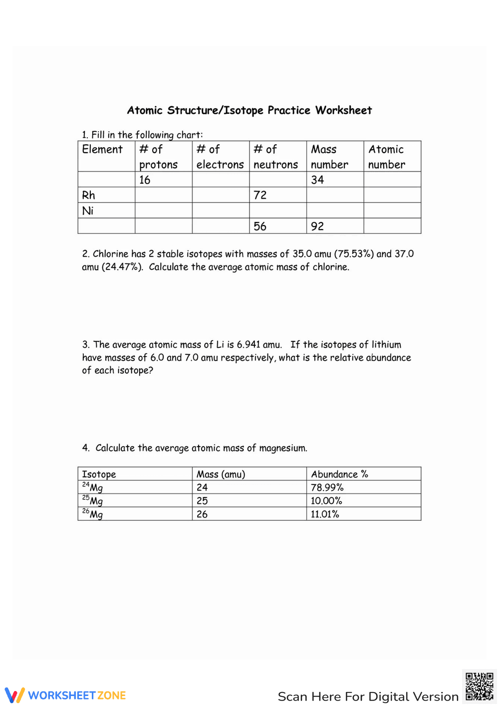 Atomic Structure: Isotope Practice Worksheet - Page 1