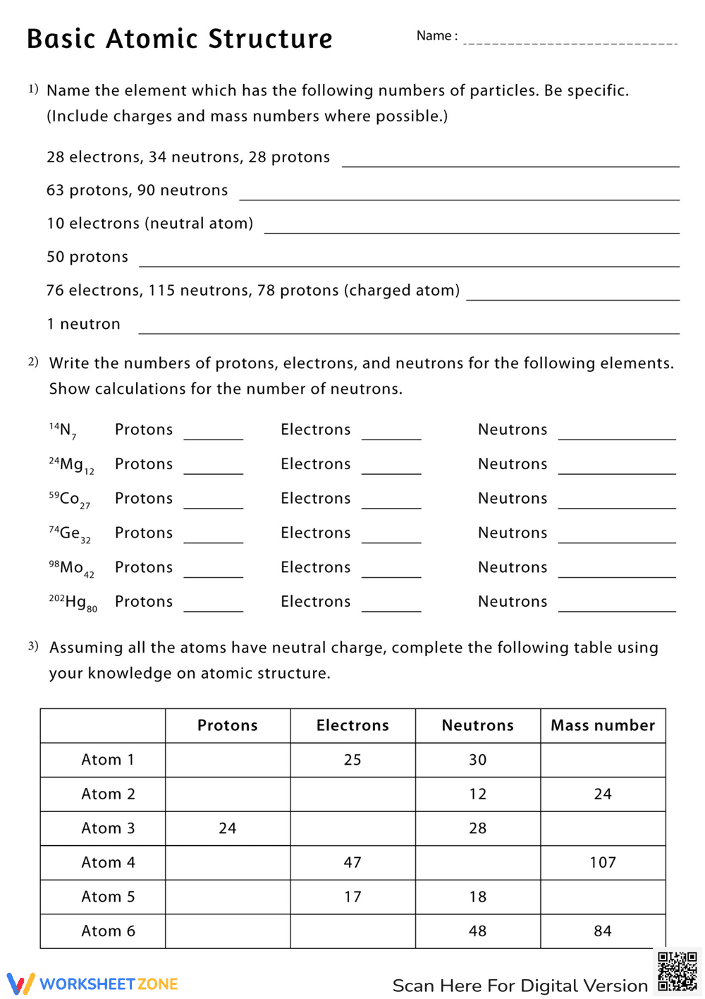Basic Atomic Structure Exercise Worksheet - Page 1
