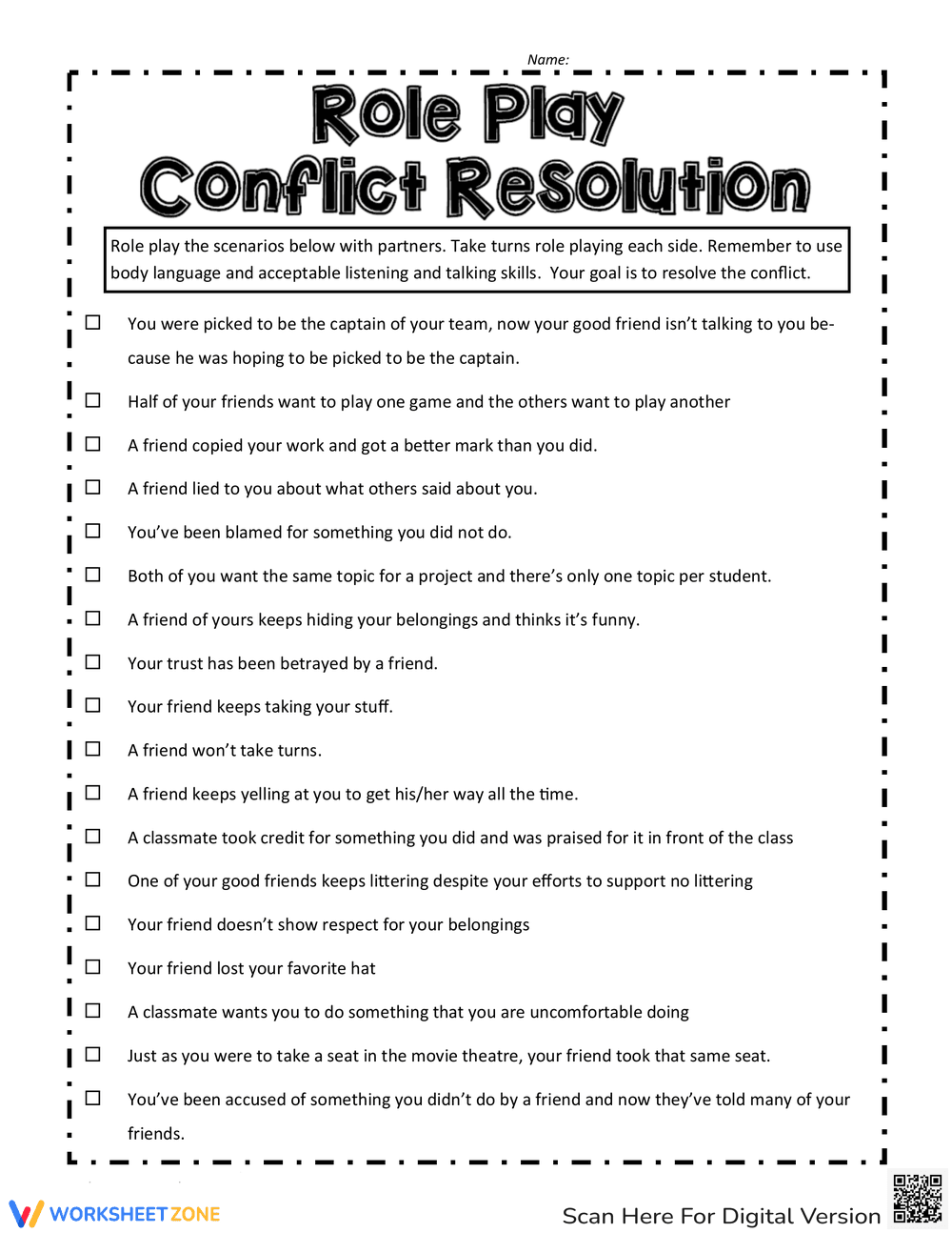 Role Play Conflict Resolution Worksheet - Page 1