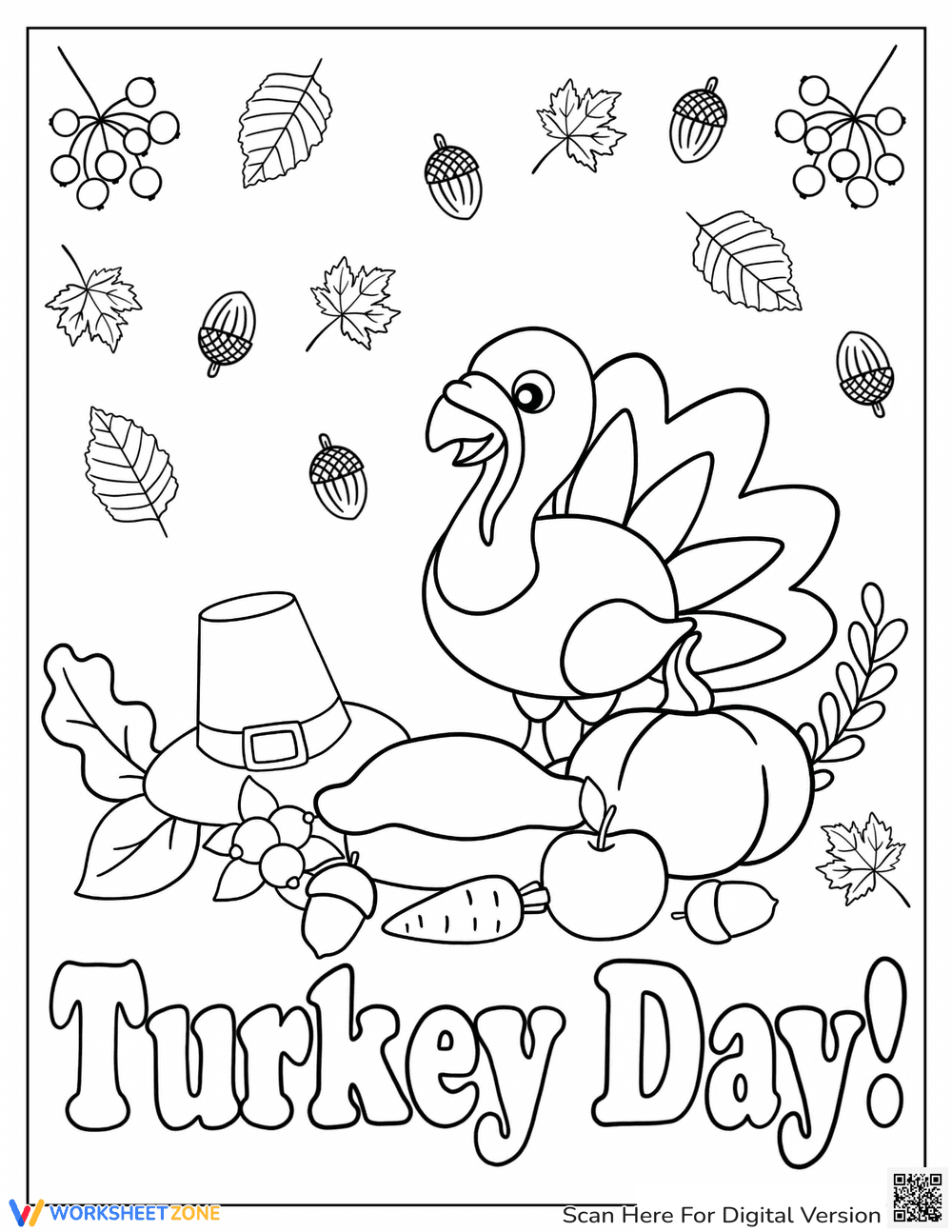 Turkey with Pumpkins on Turkey Day Worksheet - Page 1