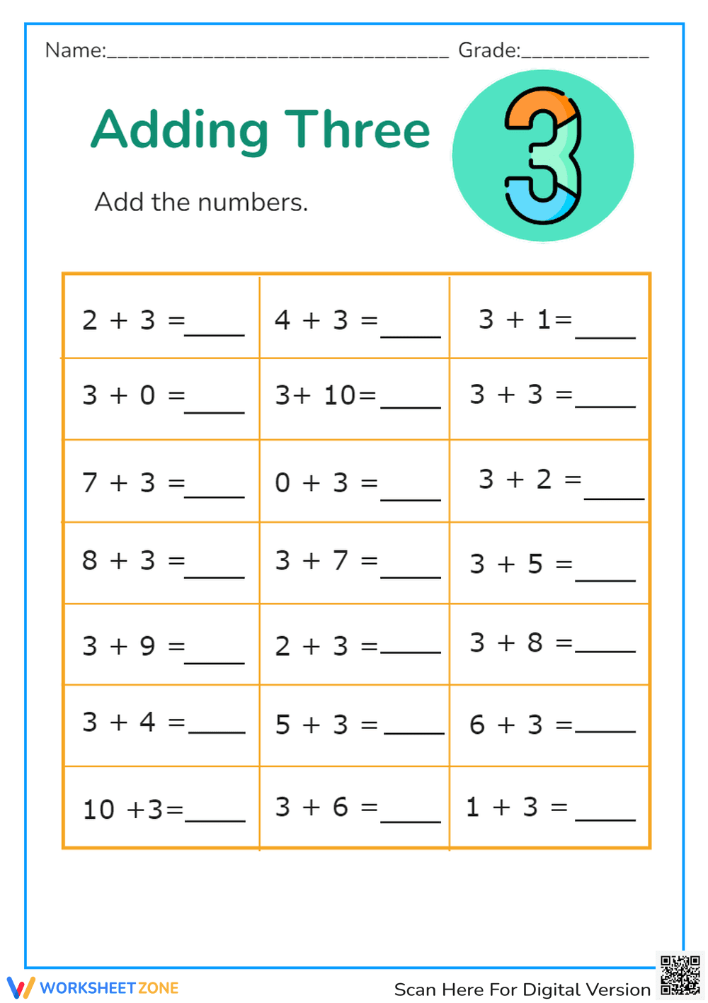 Adding Three Worksheet - Page 1