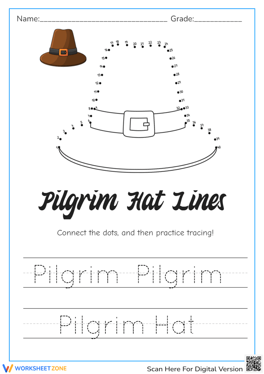 Pilgrim Hat Lines Tracing Practice - Page 1