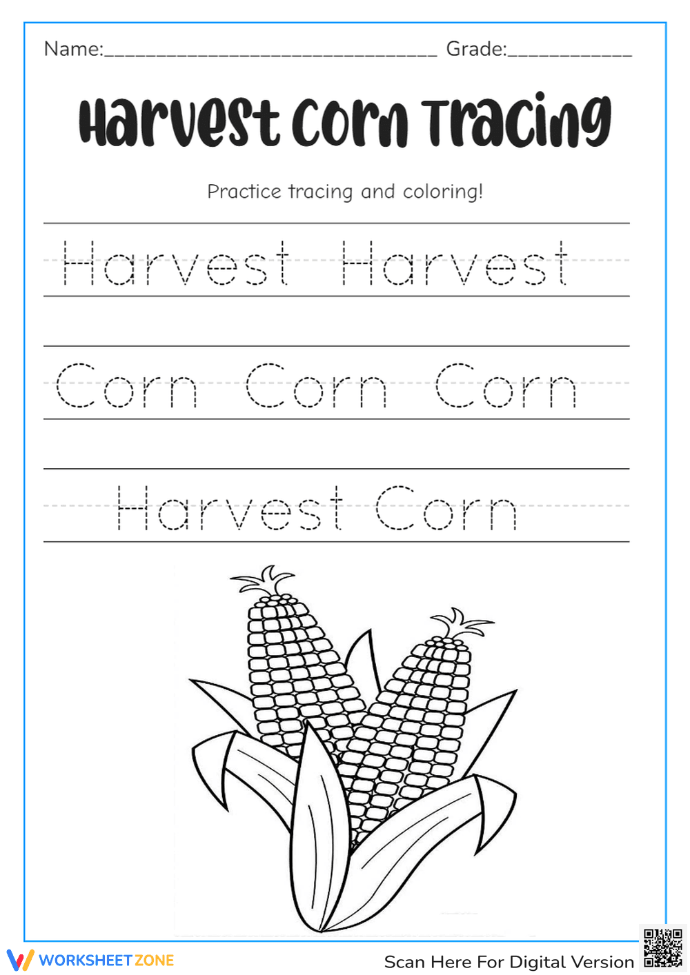 Harvest Corn Tracing and Coloring for Kids - Page 1
