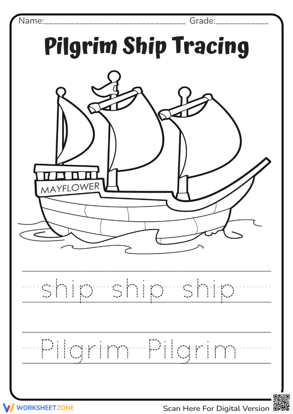Pilgrim Ship Tracing: Fun Handwriting Practice - Page 1