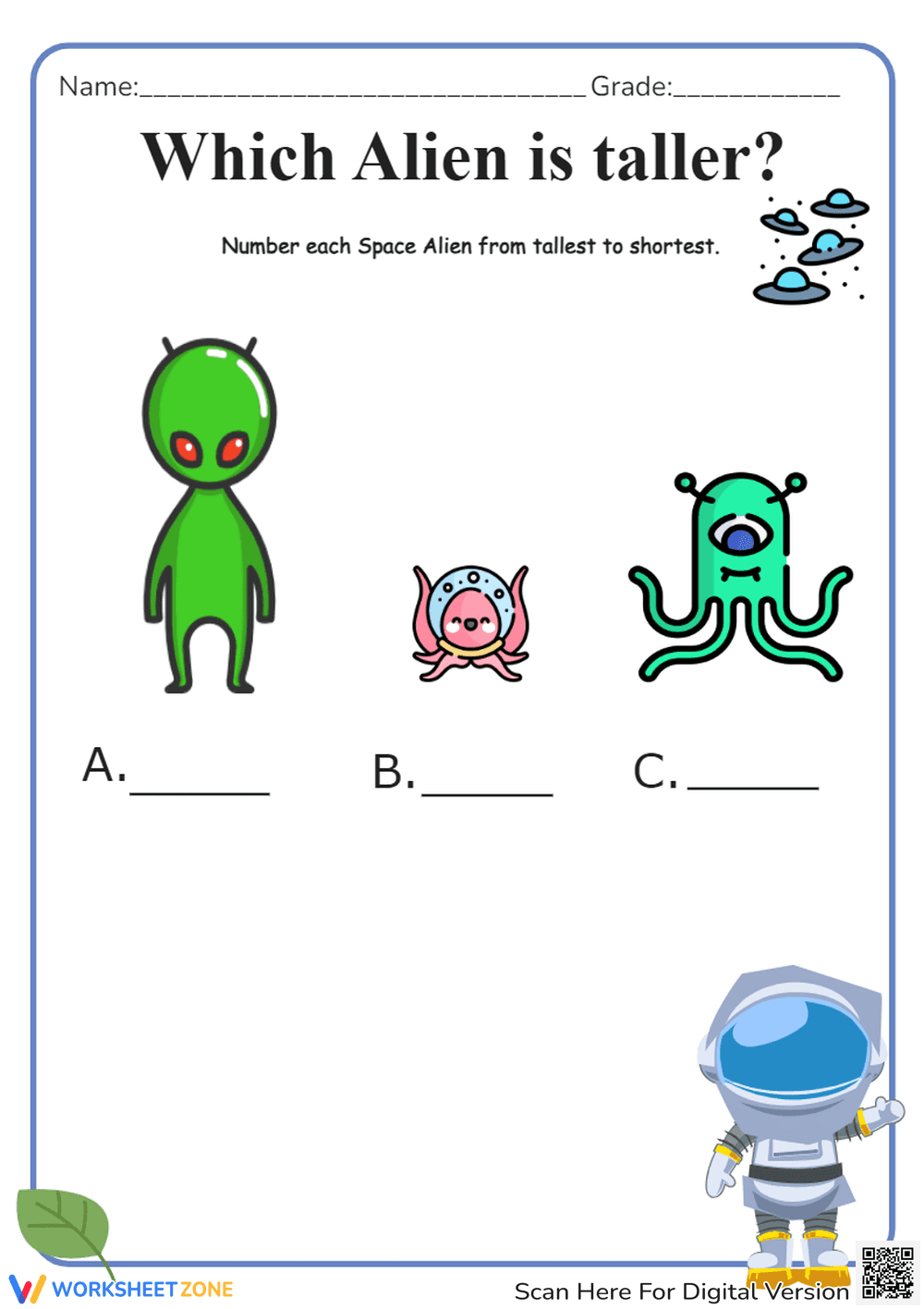Alien Height Comparison Worksheet - Ordering & Measurement Fun - Page 1