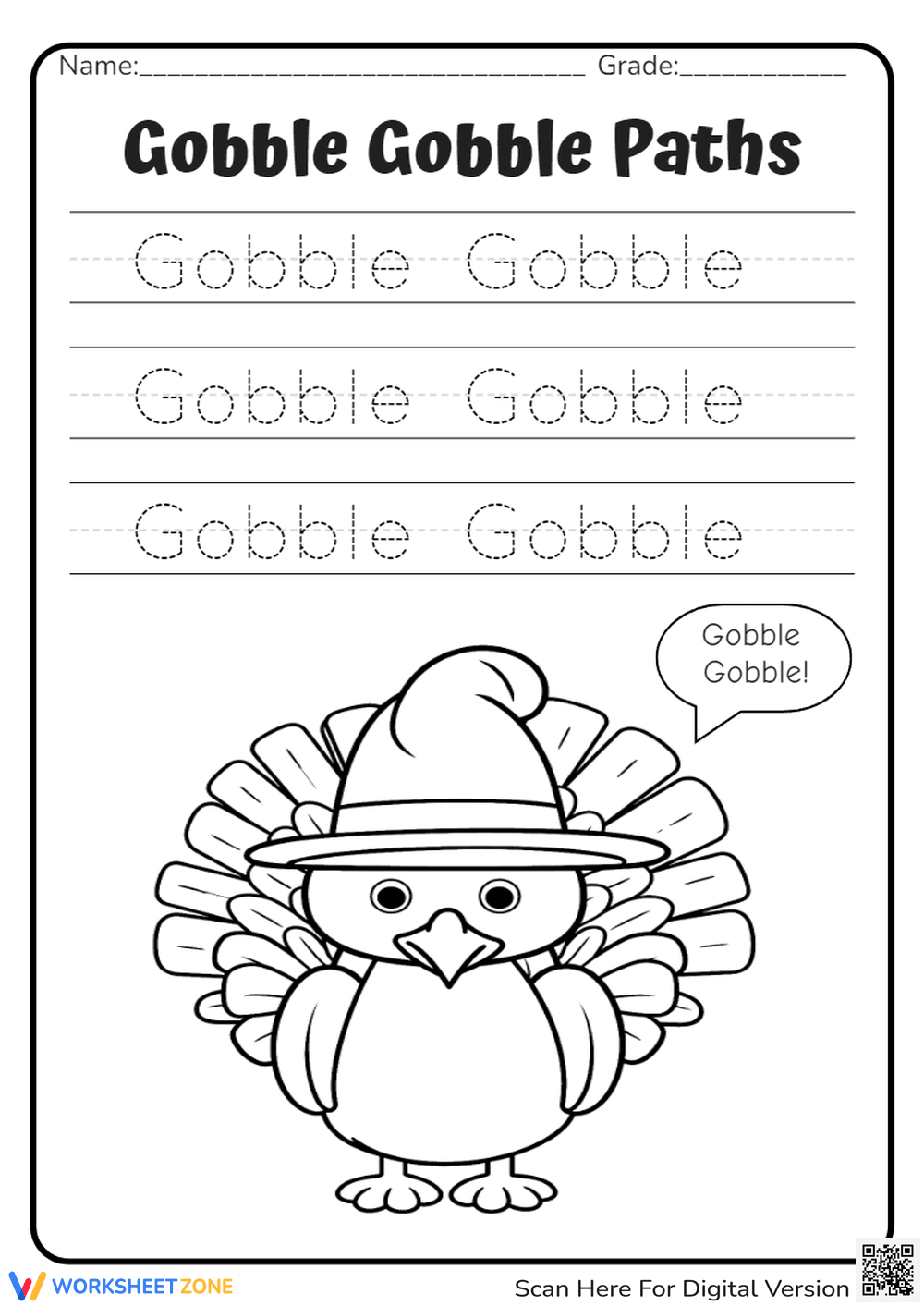Gobble Gobble Paths Tracing for Kindergarten - Page 1