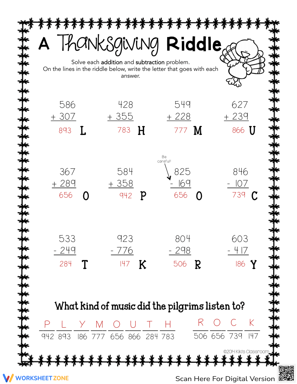 Thanksgiving Math Riddle: Addition and Subtraction Puzzle - Page 2