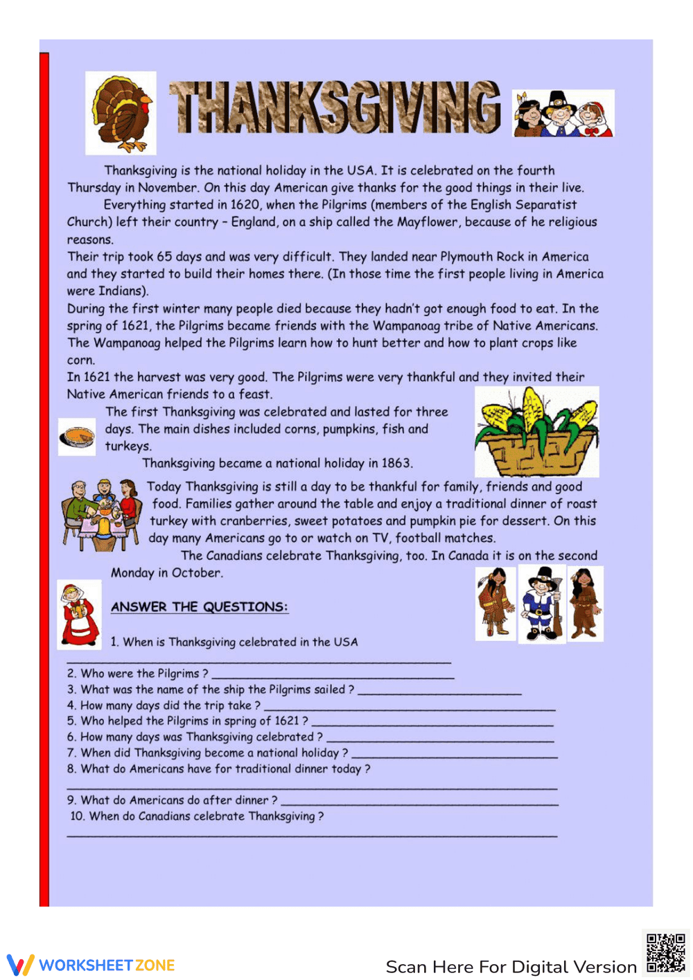 Thanksgiving Reading Comprehension: Passage & Quiz - Page 1