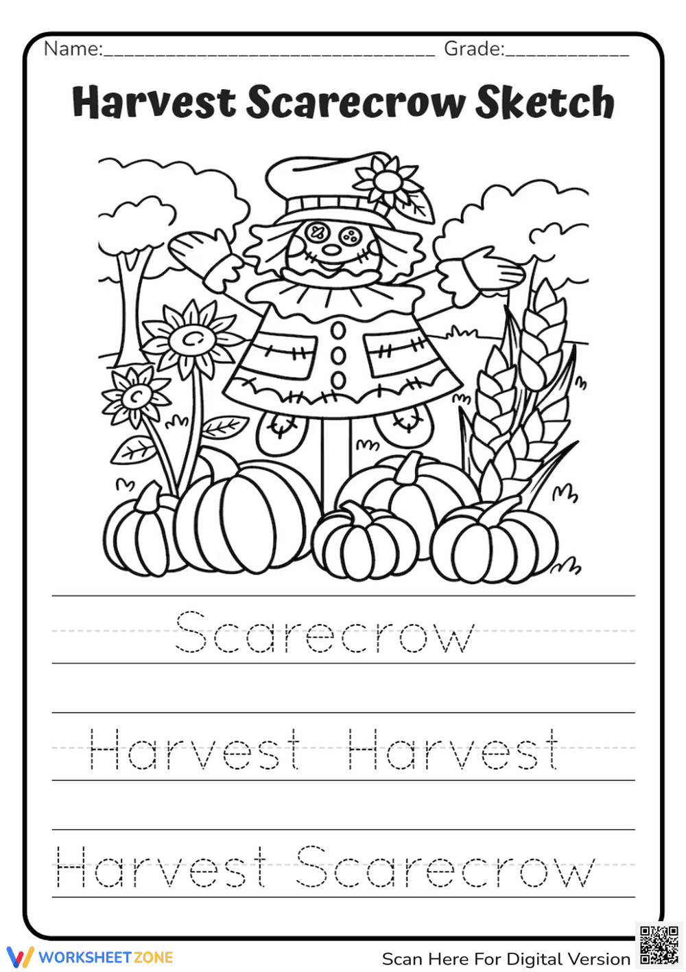 Harvest Scarecrow Tracing and Coloring Page - Page 1