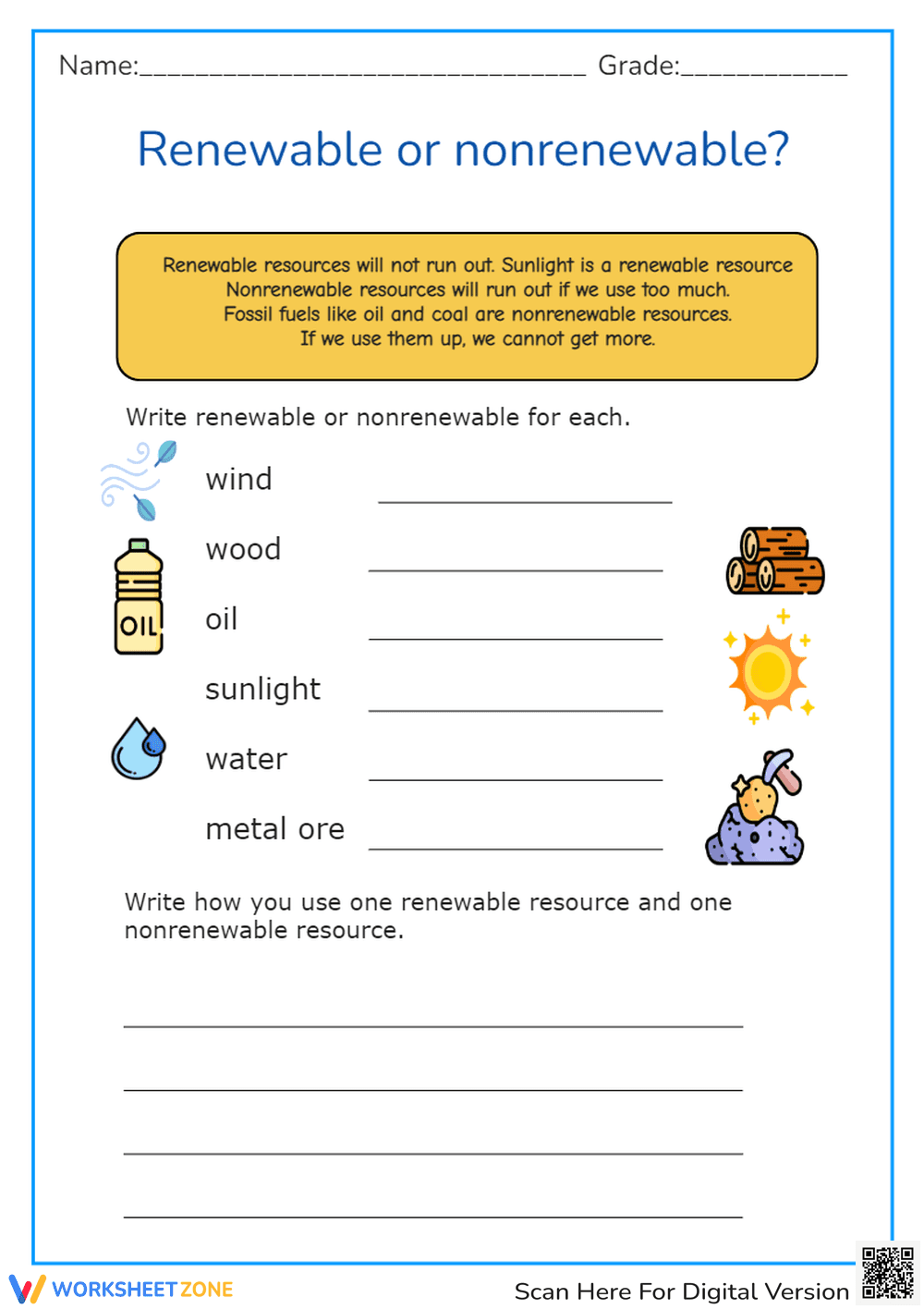Renewable vs. Nonrenewable Resources - Earth Science Worksheet - Page 1