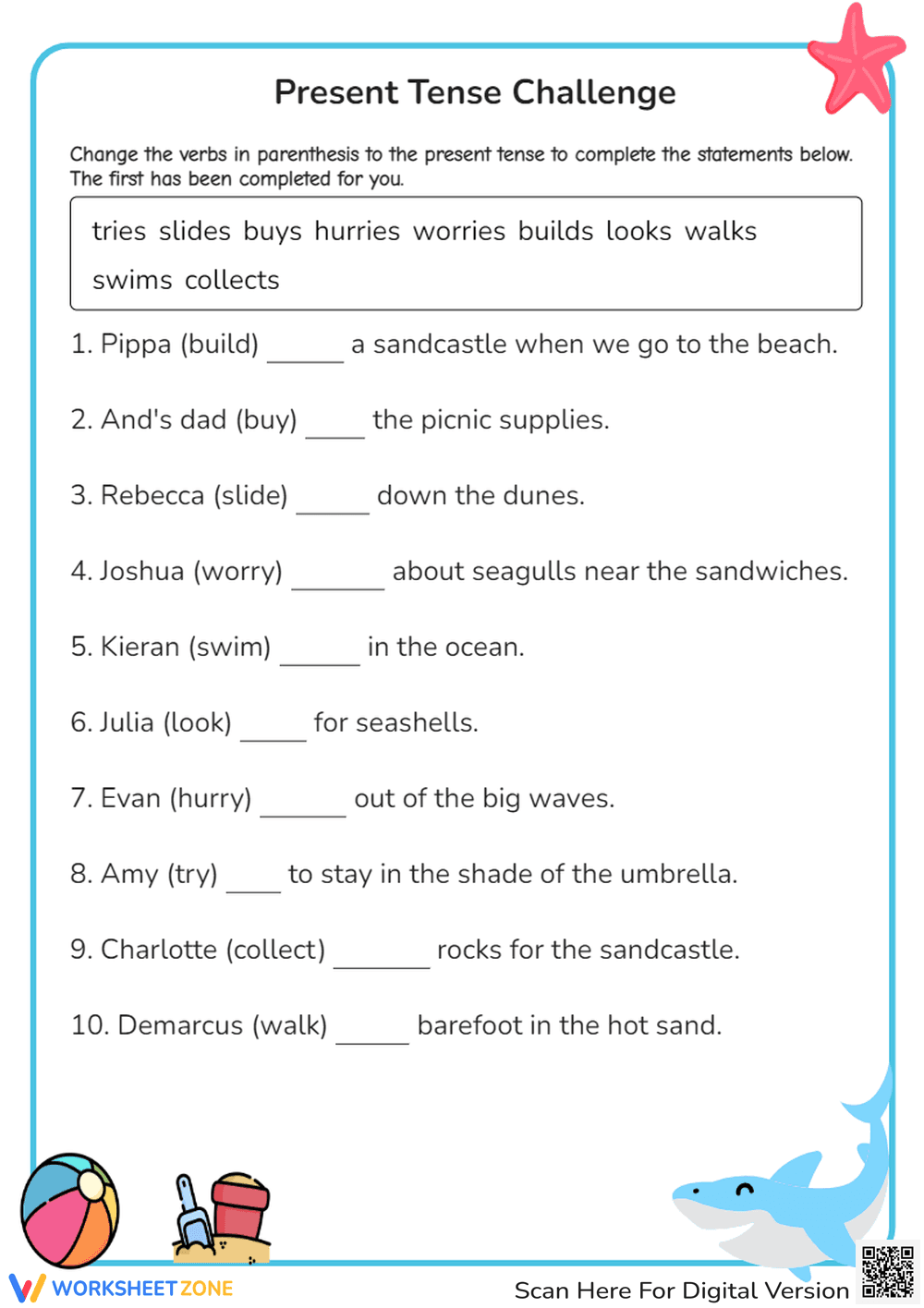 Present Tense Challenge Worksheet - Page 1