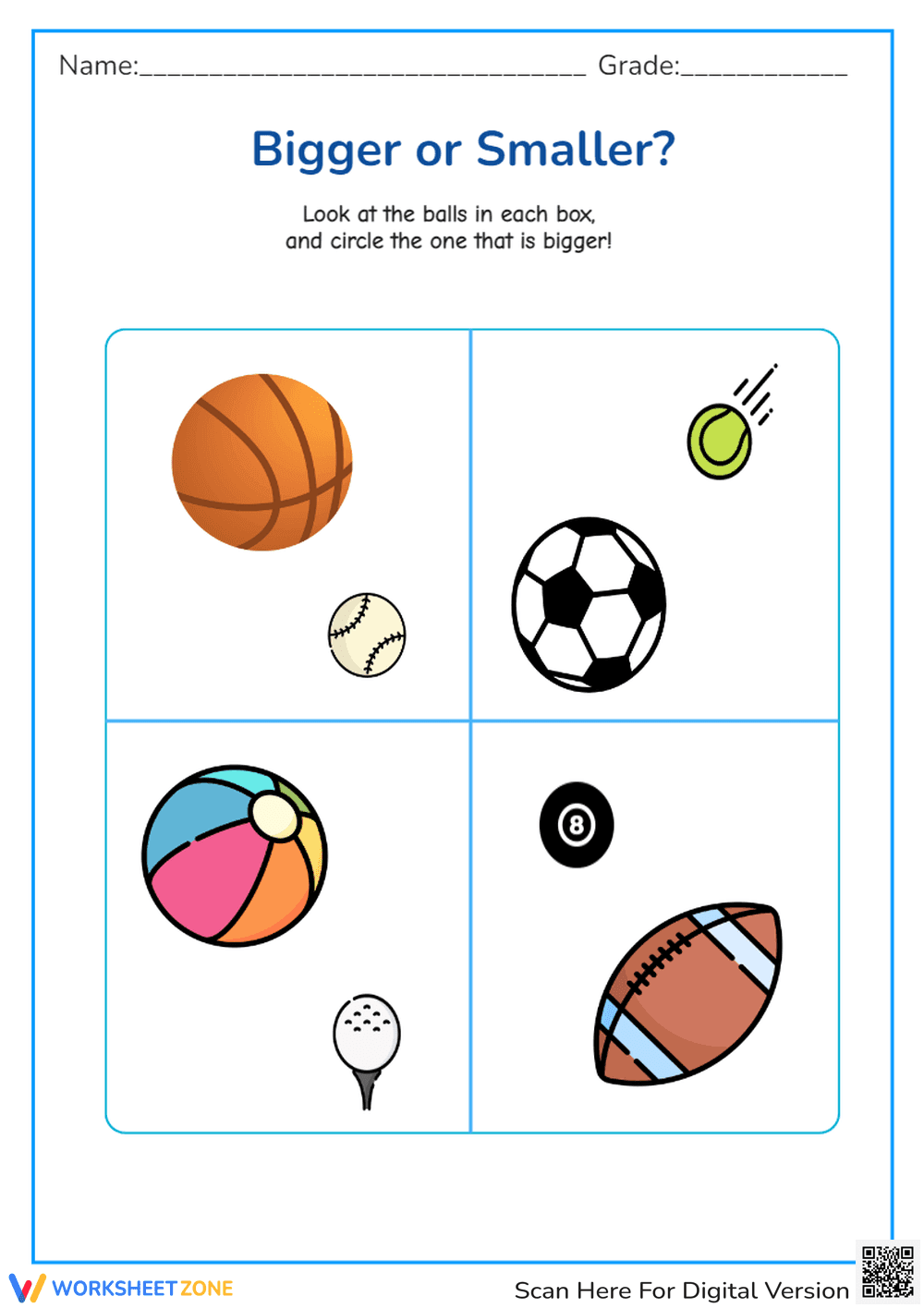 Bigger or Smaller? Sports Ball Size Comparison - Preschool Printable - Page 1
