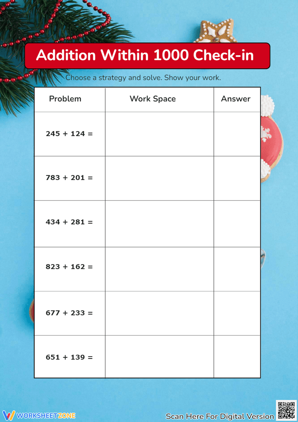 Christmas Addition Within 1000 - 2nd & 3rd Grade Math Practice - Page 1