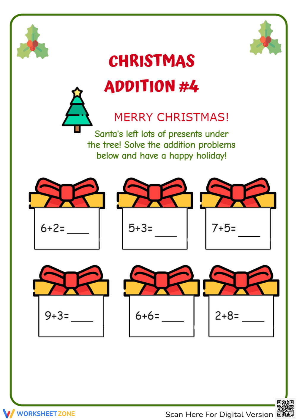 Christmas Addition Worksheet - Solve the Gift Sums! (K-1) - Page 1
