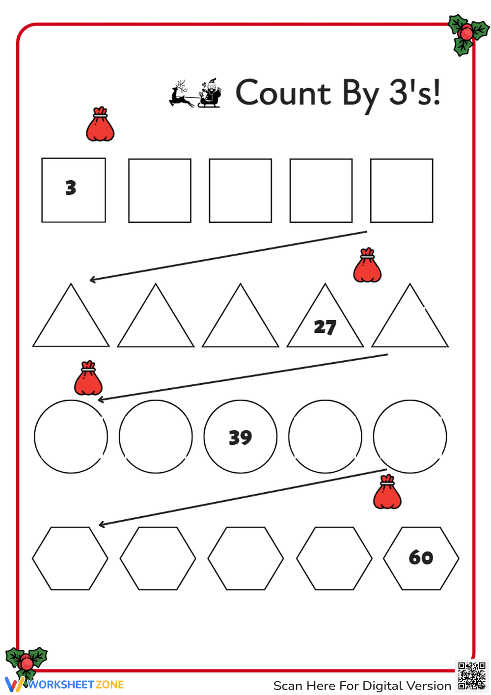 Christmas Skip Counting by 3's - Math Worksheet Fun - Page 1