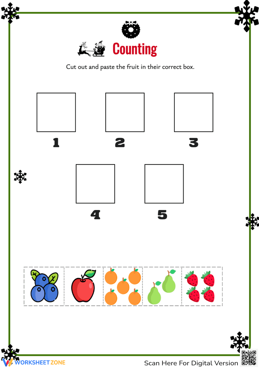 Christmas Fruit Counting Worksheet - Numbers 1-5 Activity - Page 1