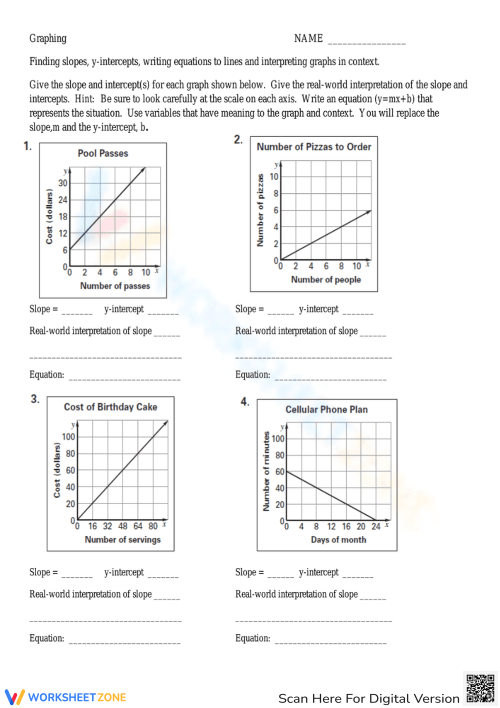 Interpreting Slope and Y-intercept Worksheet - Page 1