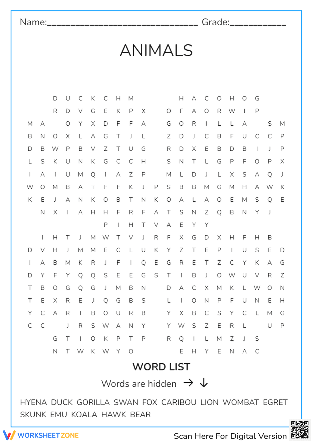 Animals Word Search - Page 1