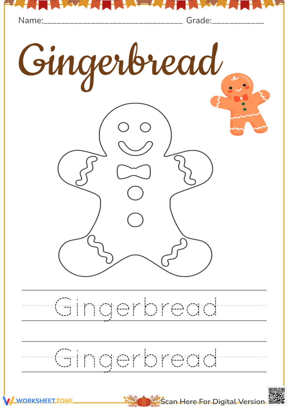 Gingerbread Tracing Worksheet for Kindergarten - Page 1